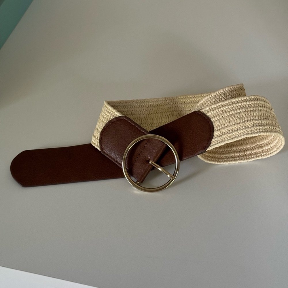 Brown and Cream Woven Belt with Gold Buckle